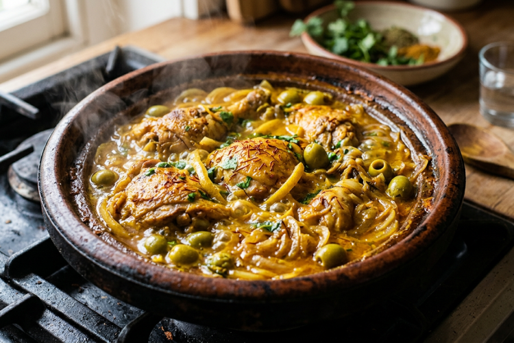 Moroccan chicken tagine with preserved lemon and olives simmering with golden saffron sauce