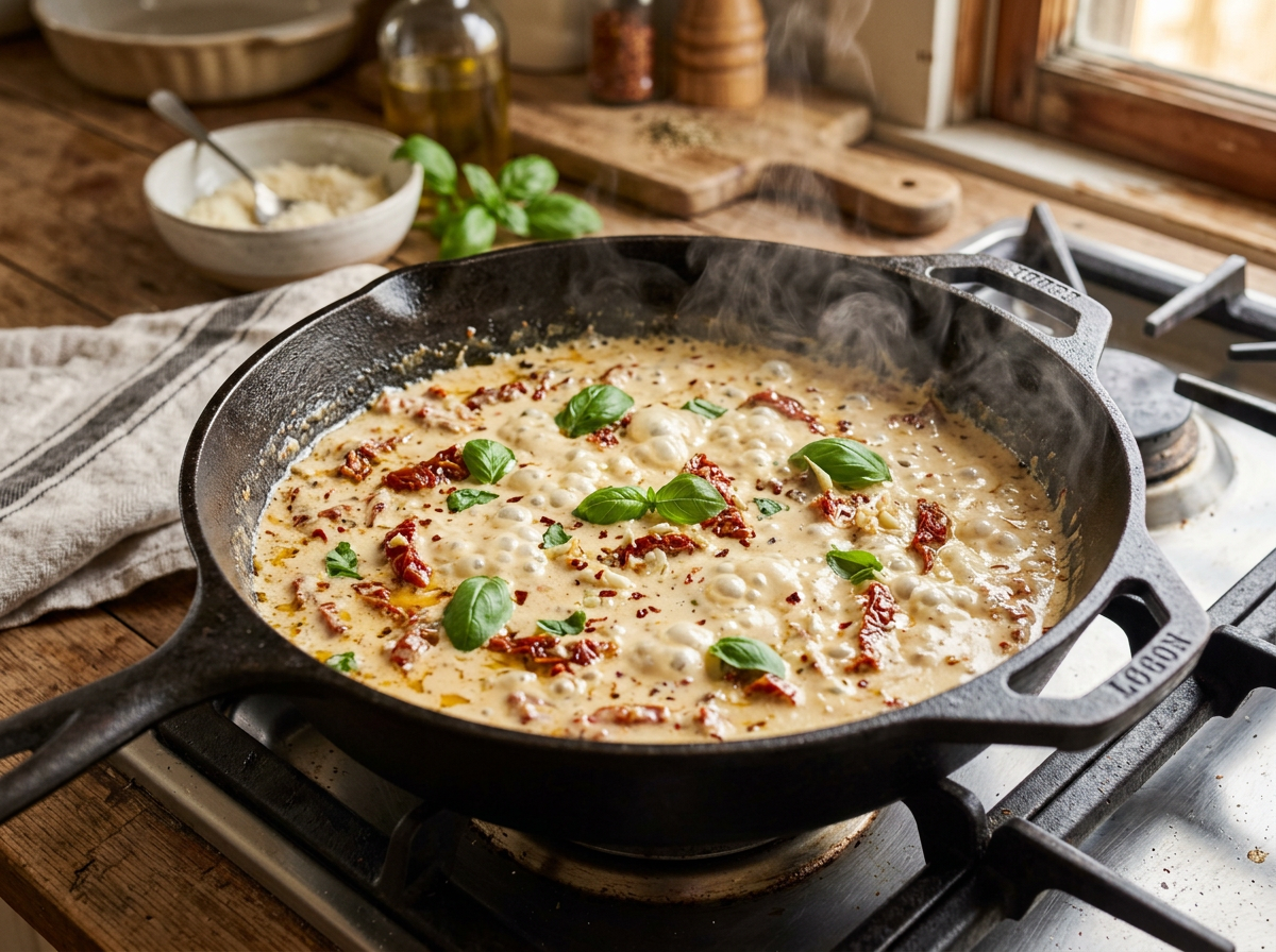 Creamy marry me chicken recipe with parmesan garlic sauce and sun-dried tomatoes in a skillet