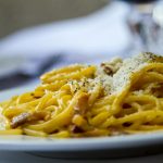 Spaghetti carbonara with pecorino and guanciale
