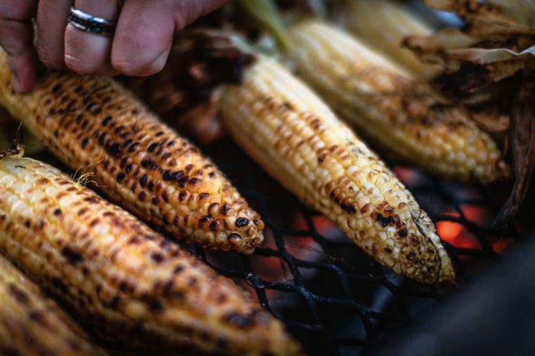 Grilled Mexican street corn elote on a platter topped with cotija, chili powder, and cilantro