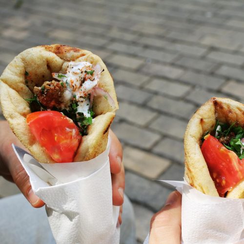 Greek chicken souvlaki pita wraps with tzatziki and tomato